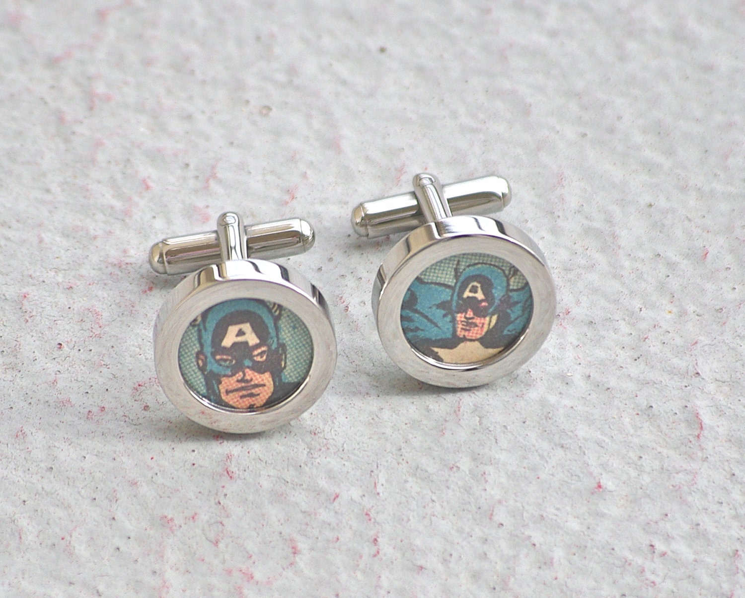 Captain America Cuff Links Cufflinks recycled comic book repurposed upcycled vintage comics marvel superheroes super hero
