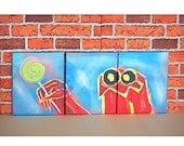 Multipanel Monster Candy original artwork, wall art, triptych lovable furry creature nerdy geeky nursery for kids children babies