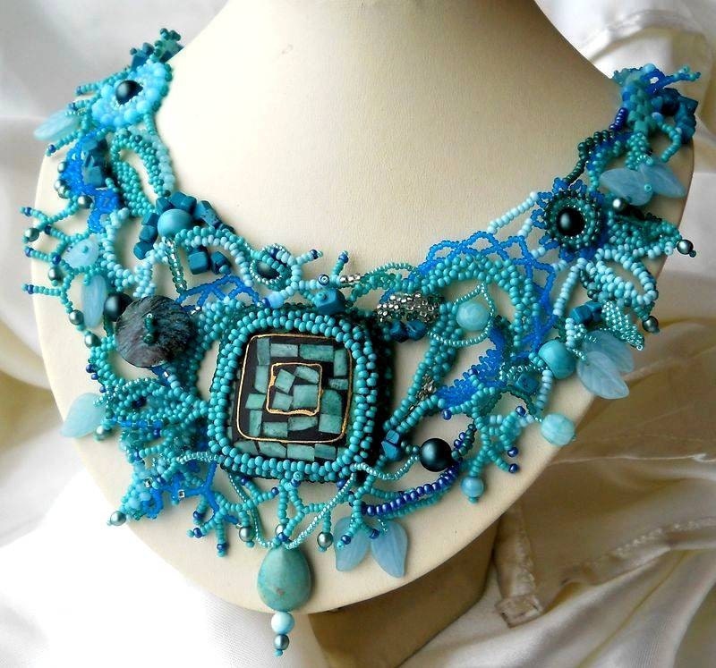 Beadwork necklace, Seed bead art jewelry, Unique freeform peyote necklace, Turquoise necklace - ibics
