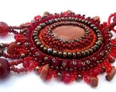 Bead embroidered pendant, Beaded jewelry, Beadwork necklace, Seed bead necklace,  Brown and red, summer - ibics