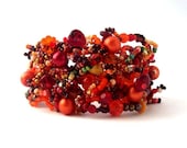 Beaded jewelry,Seed beads bracelet cuff, freeform peyote beaded bracelet, Beadwork, Red, orange bracelet, summer fashion