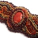 Bead embroidered cuff bracelet with red jasper- Unique gift  for her Brown terracotta burgundy gold OOAK jewelry