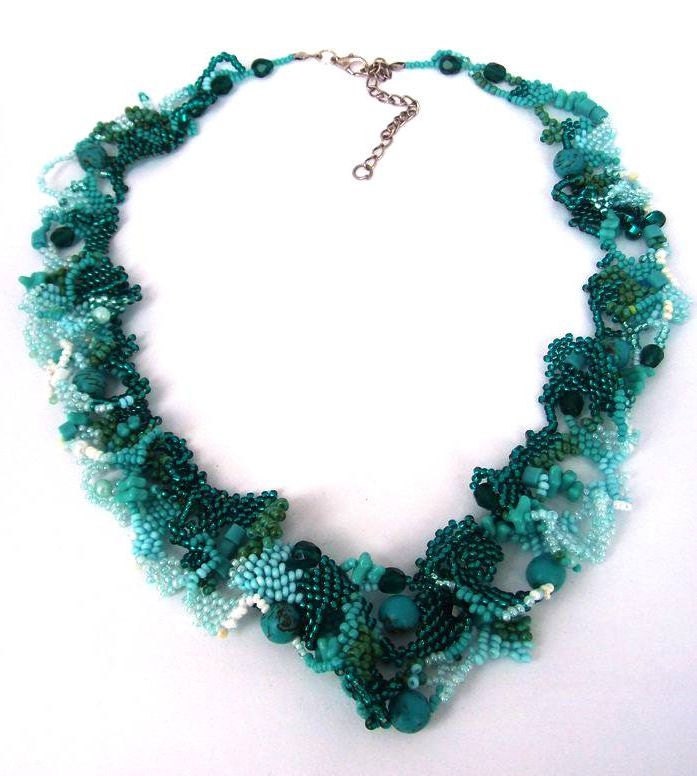 Beaded jewelry. Freeform peyote beaded art necklace, turquoise, teal, aquamarine, one of a kind jewelry, unique gift, summert 2012