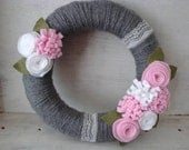 READY TO SHIP Pink and Heather Grey Yarn Wreath