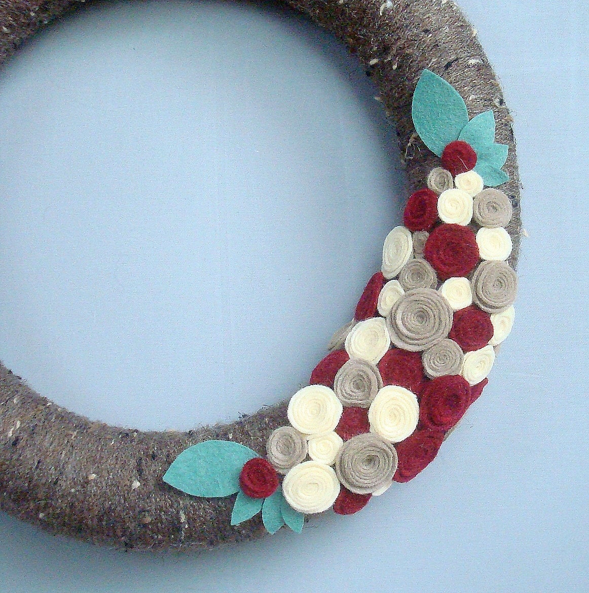 Fall Yarn Wreath, Harvest Taupe Brown Autumn Door Wreath with Cream, Brick and Tan Felt Flowers. 12 Inch. Heartfelt Yarn Wreaths