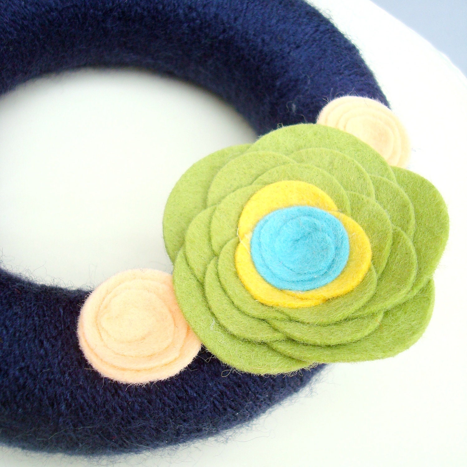 Navy Blue Yarn Wreath. Mini Six Inch Size. Navy, Chartreuse Green, Ochre Yellow and Peach Felt Flowers. Cute Mini Size. Gift Under 25