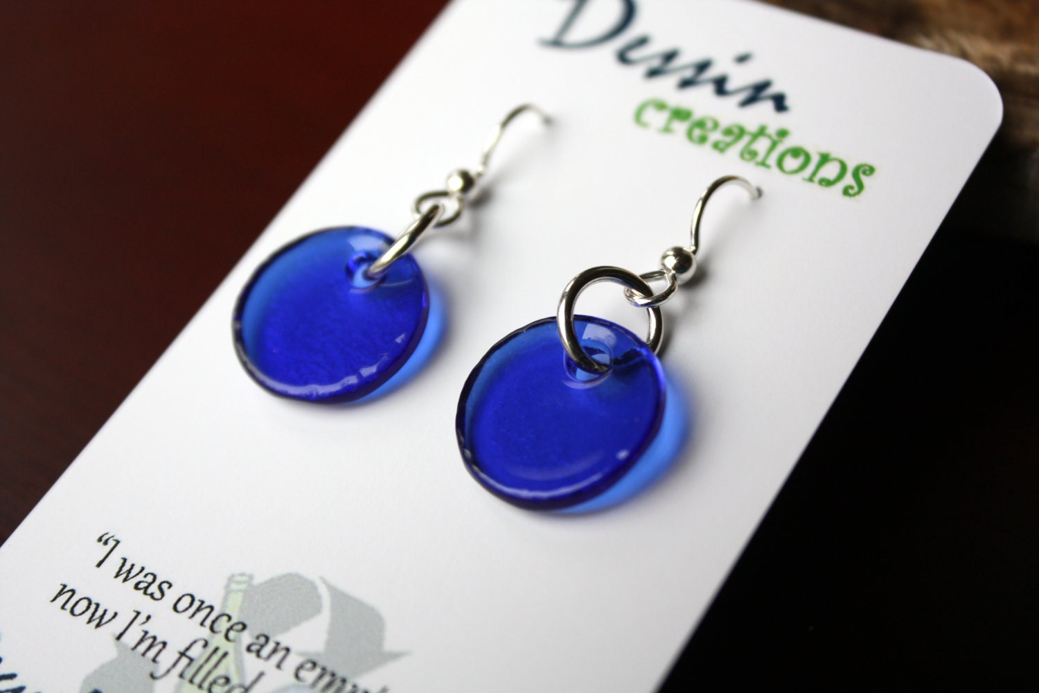 BLUE Wine Bottle Earrings, Recycled Glass, Upcycled Jewelry, Circles, Handmade Earrings, Sterling Silver Jewelry, Dessin Creations