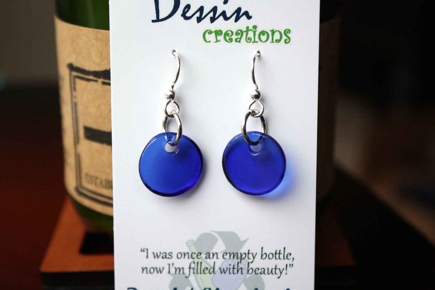 BLUE Wine Bottle Earrings, Recycled Glass, Upcycled Jewelry, Circles, Handmade Earrings, Sterling Silver Jewelry, Dessin Creations