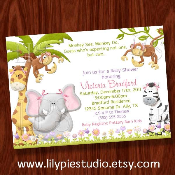 Monkey Twin Girl Baby Shower Invitation PRINTABLE Digital File Il_570xn
