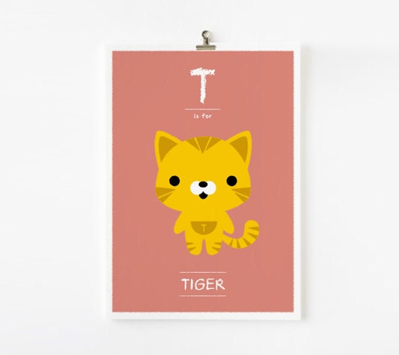 Kids wall art, Alphabet poster T is for Tiger 8x10 art print  - Animal with pocket