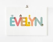 Personalized Custom Children's Alphabet Name art prints, Nursery baby wall art, Kid wall arts with animal 8 x10