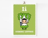 Children Decor, Alphabet poster I is for Iceberg Lettuce 8x10 art print