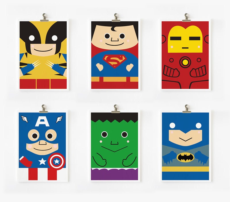 Super hero art print 8x10 set of 6