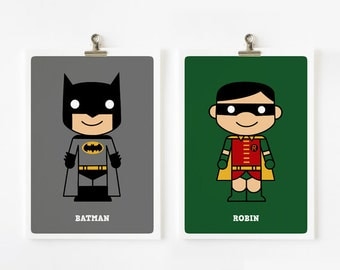 Cute superhero - Batman and Robin 5x7 art prints set of 2