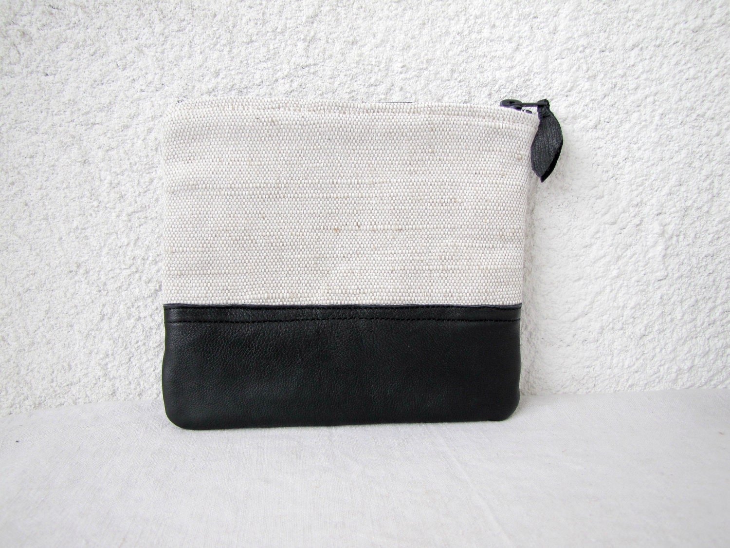 Canvas zipper pouch clutch purse cosmetic bag, upcycled leather bottom