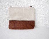 Canvas zipper pouch, clutch purse, cosmetic bag, upcycled leather bottom