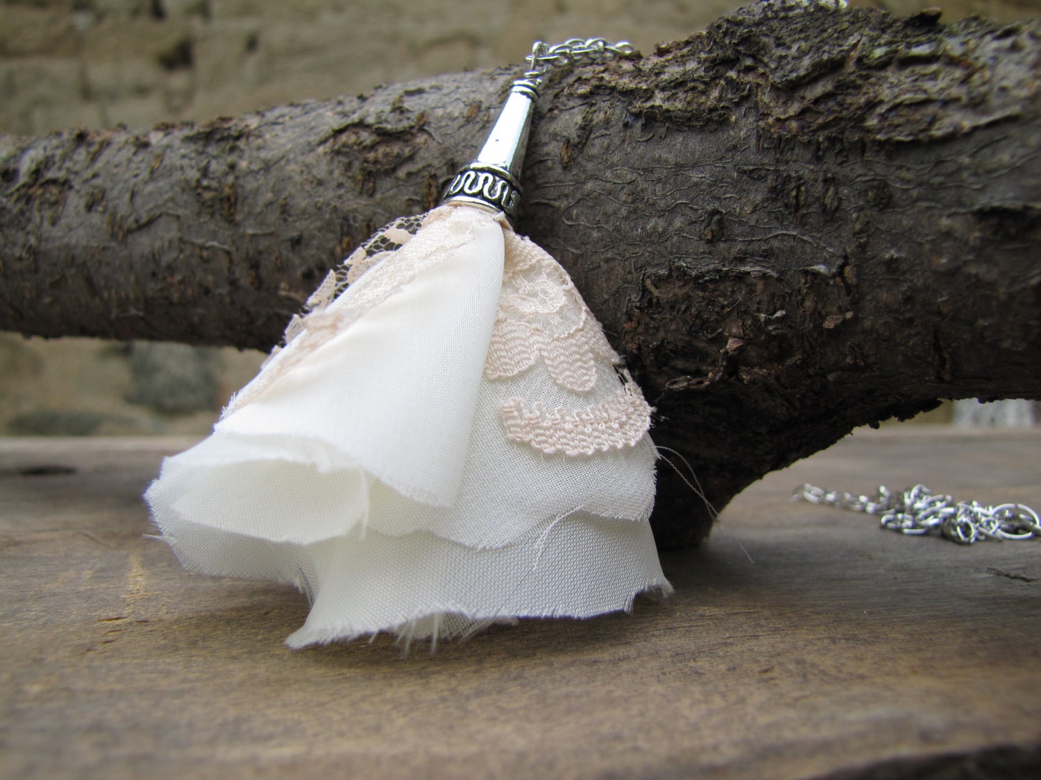 Very Gentle Necklace Fabric and lace Pendant on a silver tone chain