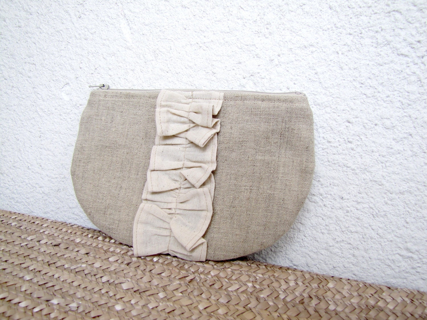 zipper pouch cosmetic bag small clutch pure linen and a lovely ruffle