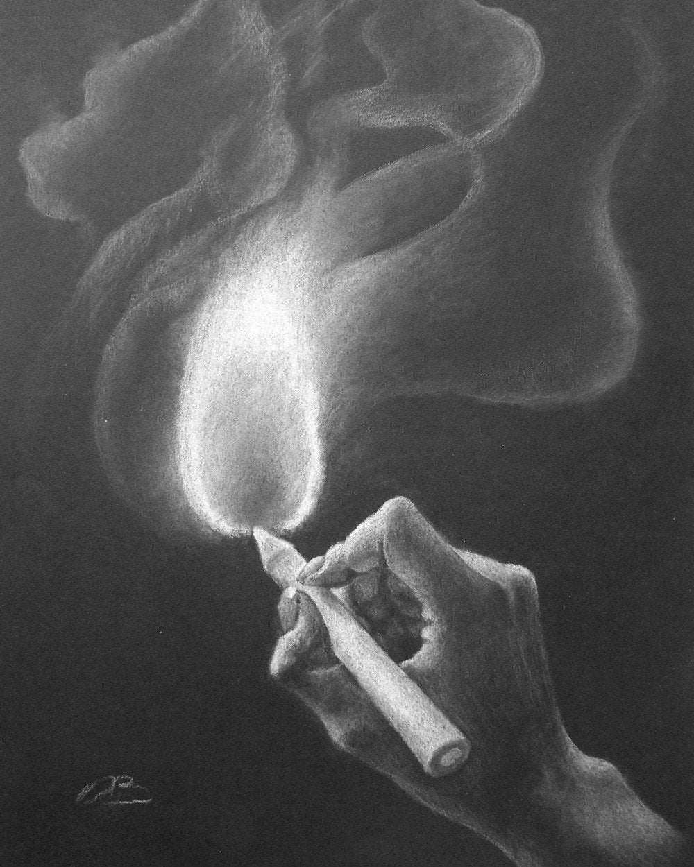 Black and white drawing print, hand, pencil, flame and smoke