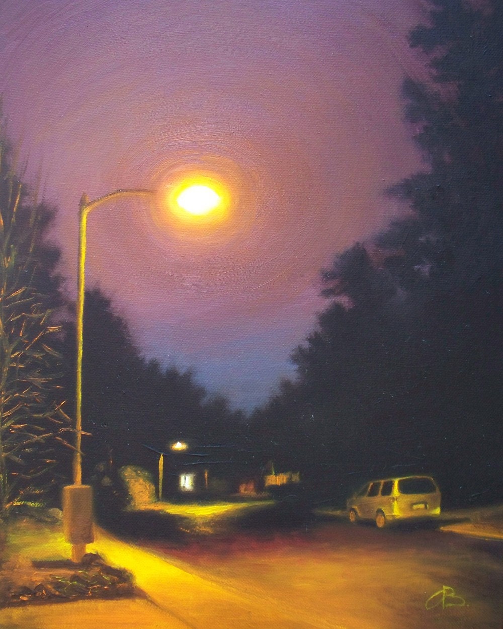 Cityscape Art Print, Night View, Orange Street Light, Purple Sky
