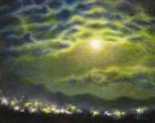 Night landscape painting with full moon, sky and clouds
