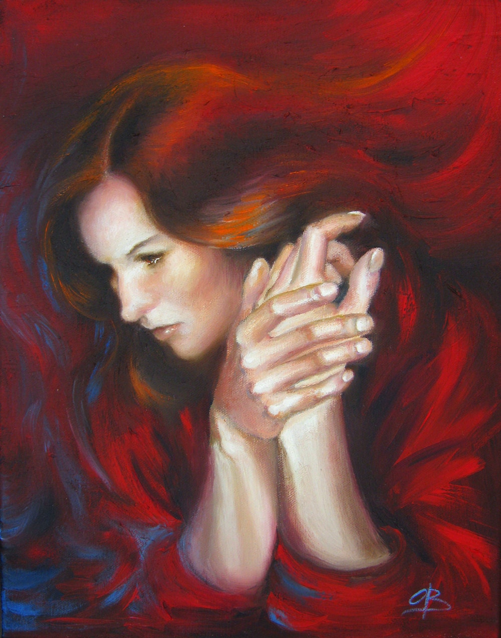 Woman portrait in red tones, with hands, original oil painting