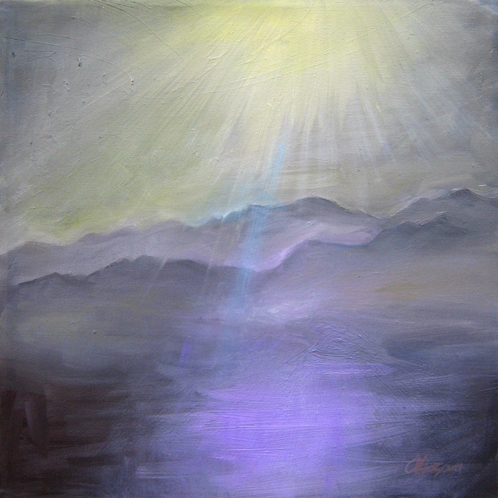 Fantasy landscape art print in gray, yellow and purple (lilac)