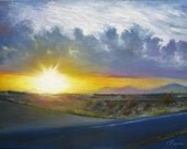 Sunset landscape art print in blue and yellow tones