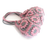 Flower crochet handbag in pink and gray, crochet bag, shoulder bag, purse