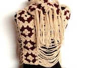Crochet shawl original design - merino cream beige with claret decoration, with fringes