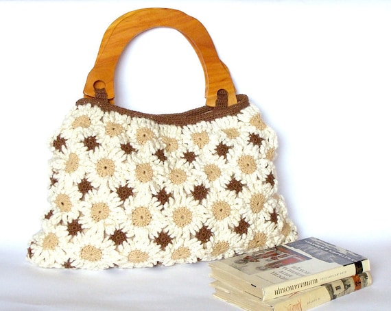 Crochet flower handbag in natural colors with wooden handles, crochet bag, purse, tote bag