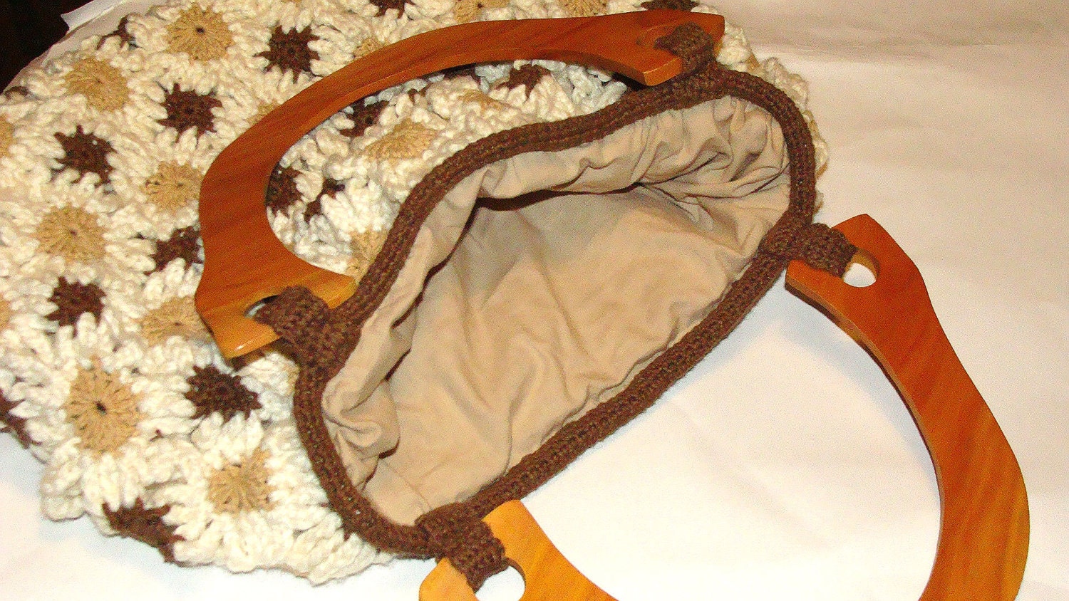 Crochet flower handbag in natural colors with wooden handles, crochet bag, purse, tote bag