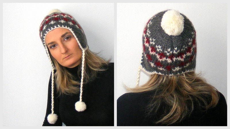 knitted Pom-Pom Ear Flap Hat, women accessories, fashion, unisex adults, gray hat, multicolor, knit trends, for her