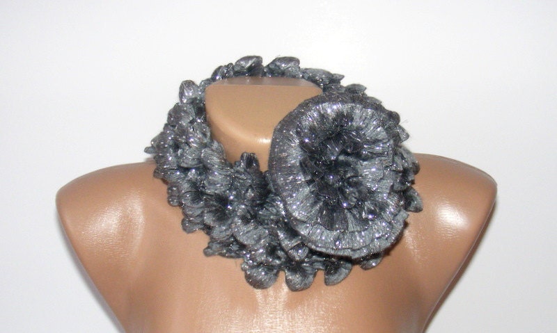 Hand Knitted Lacy women Ruffled Scarf, gray scarf, scarves, gift, woman, spring, fashion scarf