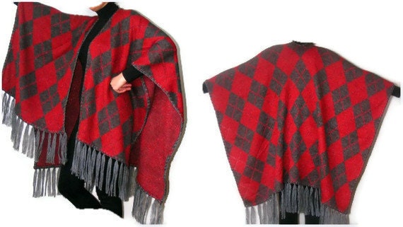 women poncho - shawl, red - poncho, argyle, shawl trend, fashion accessory ,fall fashion ,spring, winter, for her, tricot fabric, tassel