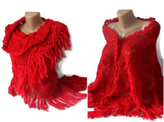 women hand chrocheted shawl ,red ,stole ,wrap ,with handmade flowers, spring trends,women fashion, outfits