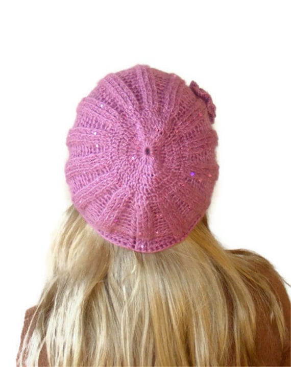 Knitted purple payette Hat, women hat, knitting Hat, Knitted Slouch beret , cap, women, beanie, winter, ski, fashion