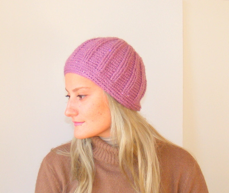 Knitted purple payette Hat, women hat, knitting Hat, Knitted Slouch beret , cap, women, beanie, winter, ski, fashion