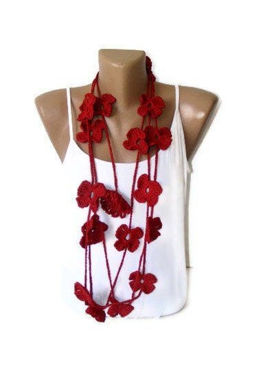 Valentines day,Crochet Red Flower Lariat Scarf,Fashion Flower Scarves,Necklace,crocheted scarves