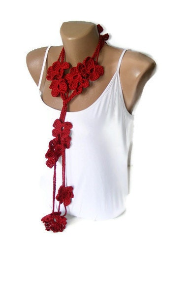 Valentines day,Crochet Red Flower Lariat Scarf,Fashion Flower Scarves,Necklace,crocheted scarves