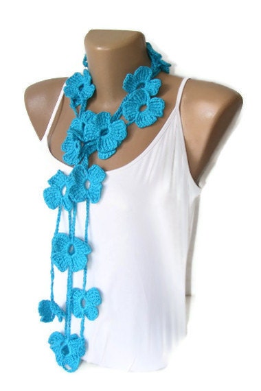Crochet Blue Flower women Lariat Scarf, Fashion Flower Scarves, Necklace, crocheted scarves