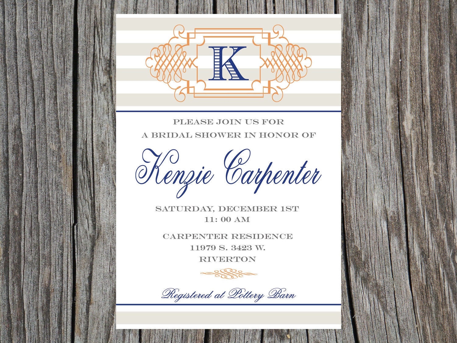 Printable Bridal Shower Invitation Monogram Striped Formal Il_570xn