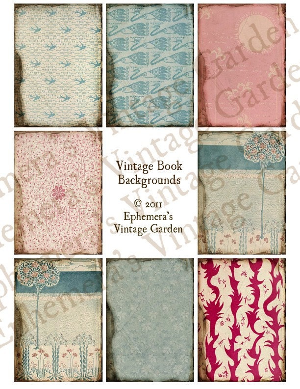 Vintage SHABBY CHIC endpaper backgrounds (ATC15) - Digital Collage Sheet - altered art hang tags greeting card making crafts scrapbooking