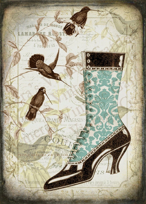 Victorian Lace Boot and Hummingbirds 5 x 7 - Digital Download - wall decor altered art hang tags greeting card scrapbooking birds