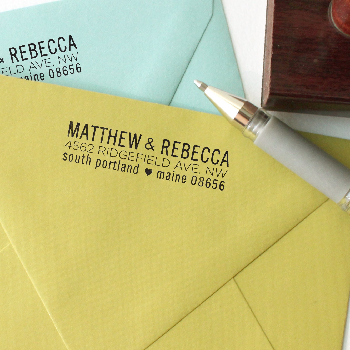 Custom Return Address Stamp LOVE YOUR STATE Design with wood handle
