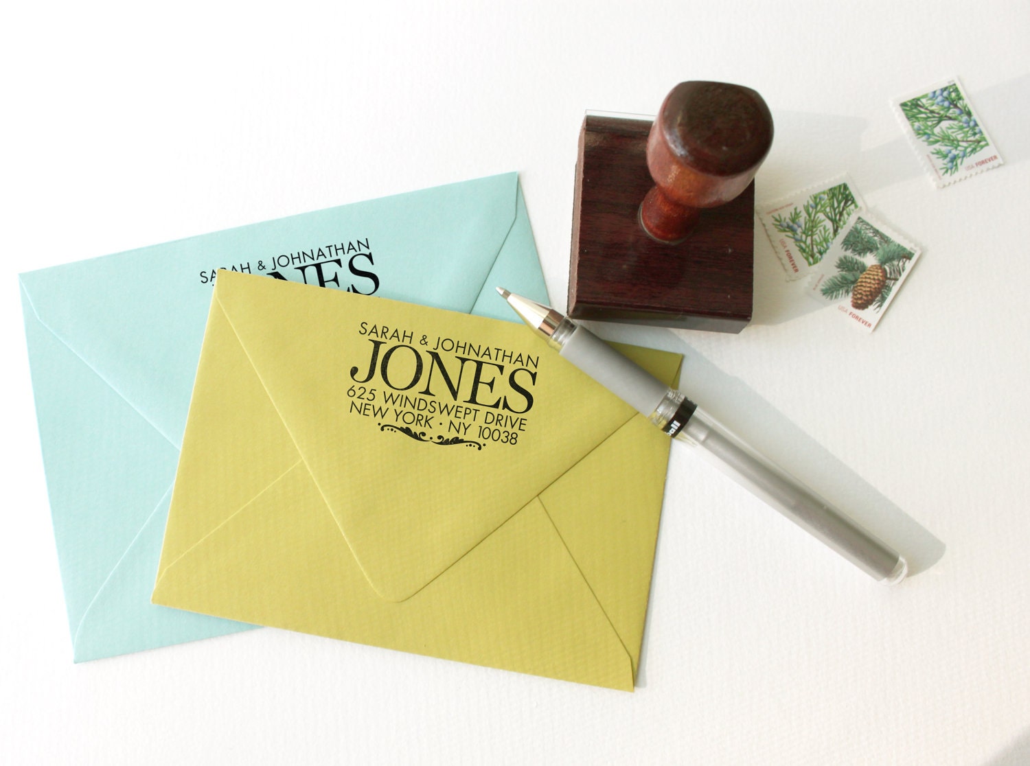 Custom return address stamp BIG SUR DESIGN with  wood handle