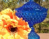 On SALE....Vintage Fenton Dark Blue Glass Hobnail Covered Pedestal Compote/Candy Dish-MINT