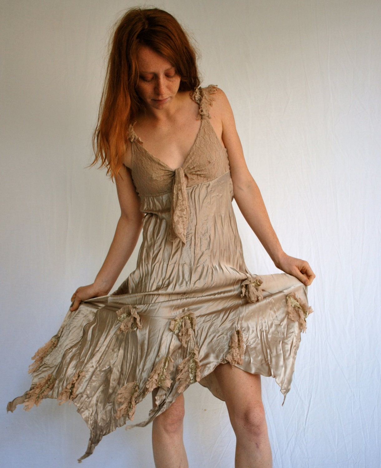Designer Champagne LACE Satin Dreamy Fairieality Dress Made in Italy