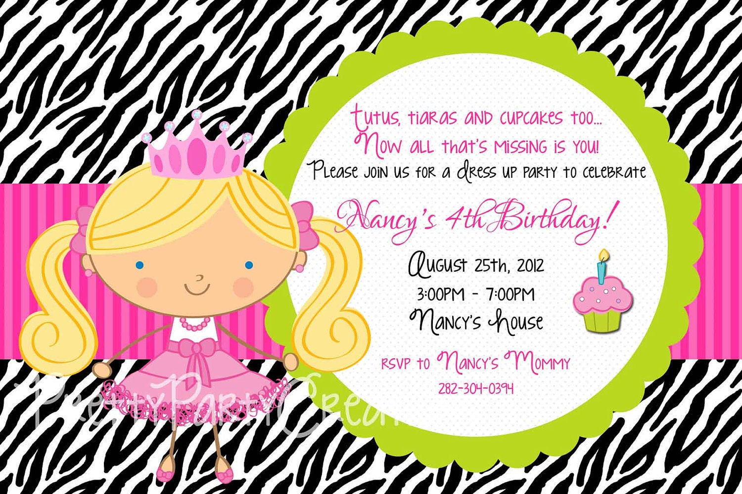 Zebra print TUTUs and TIARAs dress up birthday invitation - YOU print - 5 to choose