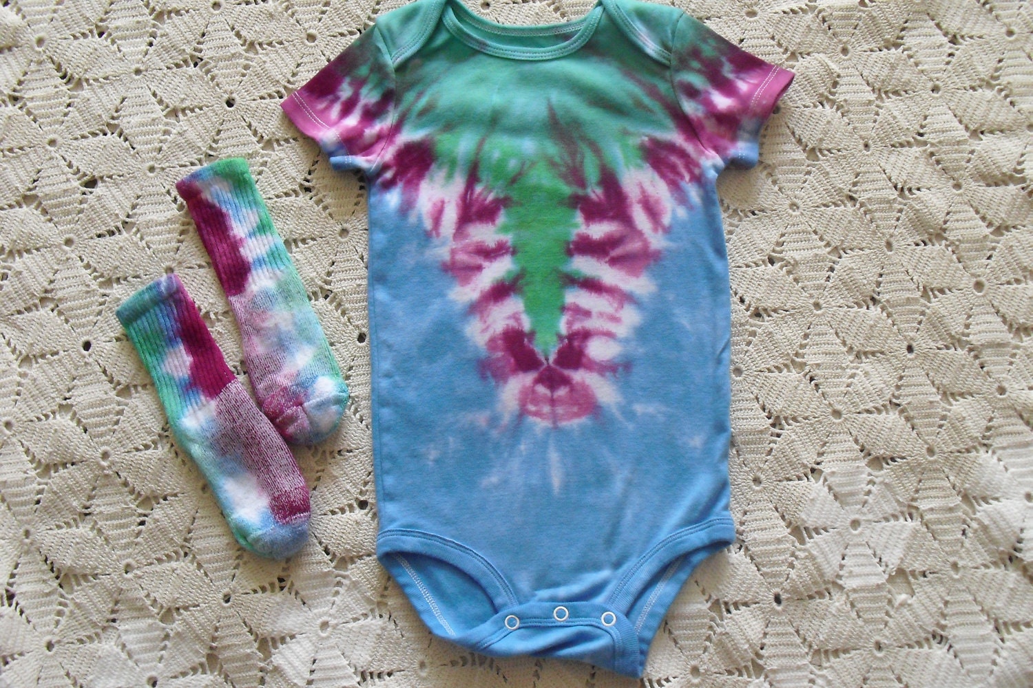 Tie dye 24 month onsie with socks- Track of pastel greens, plums, and blues for Easter